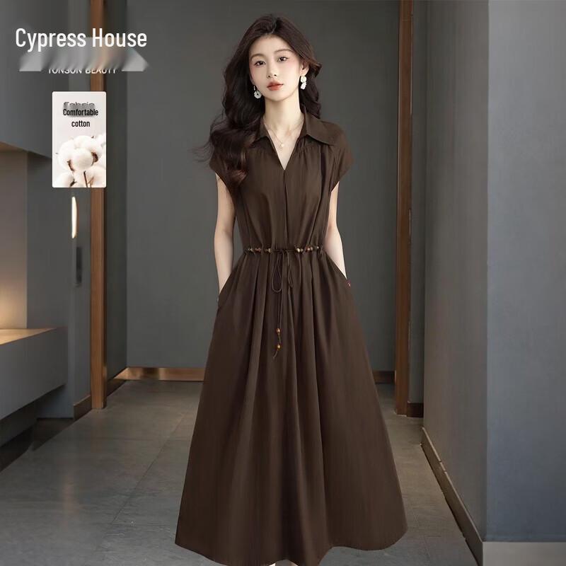 Women s Pure Cotton Lapel Short Sleeve Midi Dress