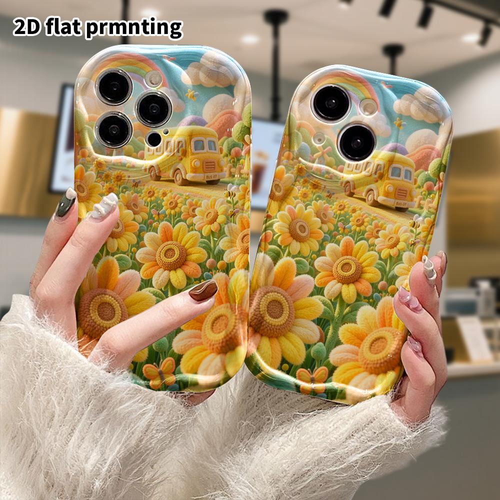 Phone Case: 2D flat design suitable for iPhone 18 17 16 15 14 13 Pro protective case, sunflower school bus, perfect holiday gift for Christmas and Hal