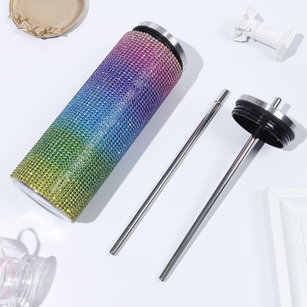 Stick-on Crystals Thermal Bottle with Straw Coffee Cup Durable Vacuum Cup  Winter