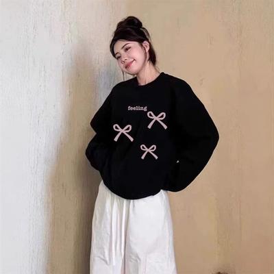 American Bow Printing Fleece Thickened Sweater Female Student Autumn and Winter Women's Loose Round Neck Pullover Trendy