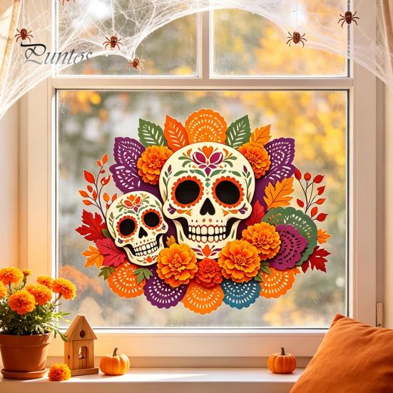Waterproof Vinyl Graphics Day of The Dead Window Static Sticker, Flower Skull Decorative PVC Removable Home Ornament Decals, Halloween Glass