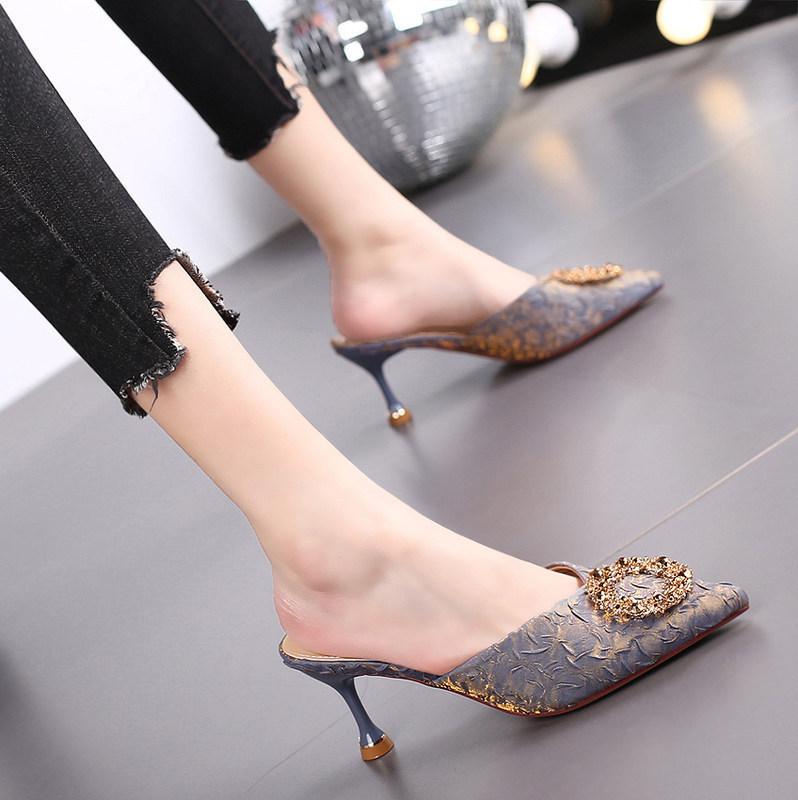 Slippers women's summer wear half slippers women's 2025 new French rhinestone high heels thin heel bag head sandals black