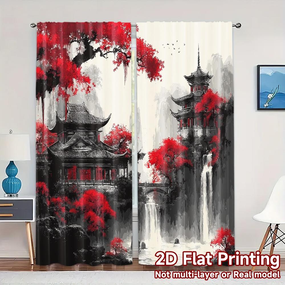 

2pcs 2D FLAT PRINTING Curtains (Without Rod) Crimson Serenity Popular Light Filtering Curtains Polyester Easy Install Curtains 100*130 Rod Pocket 1pcs