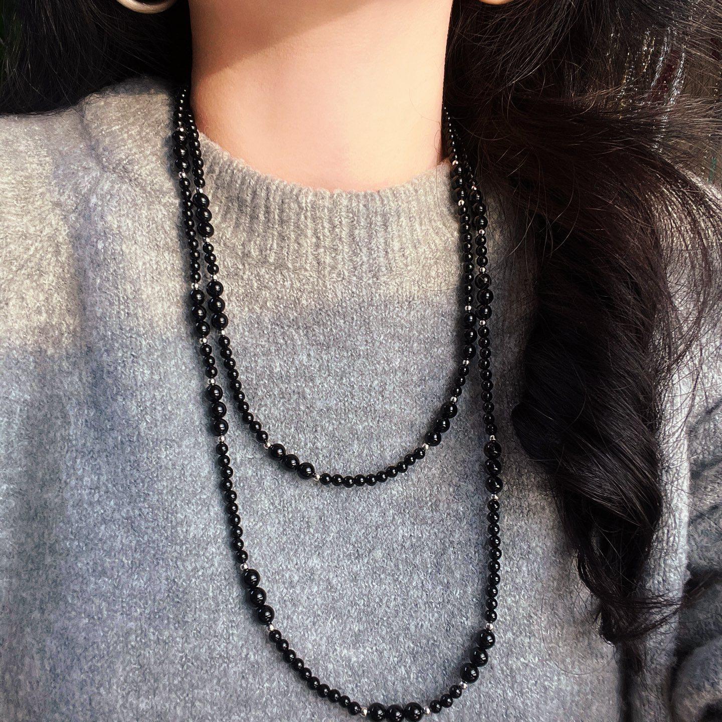 Retro Boutique Natural Black Agate, A Variety Of Ways To Wear Design, Sweater Chain, Necklace, Collarbone Chain For Women