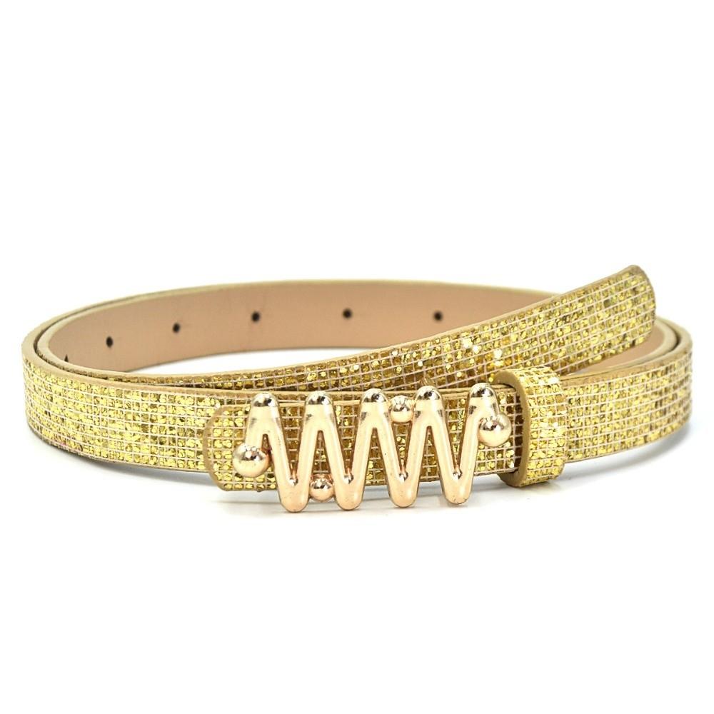 

Bling Bling PU Leather Belt Glitter W-shaped Buckle Belt Women Fashion Trendy Waistband золотий
