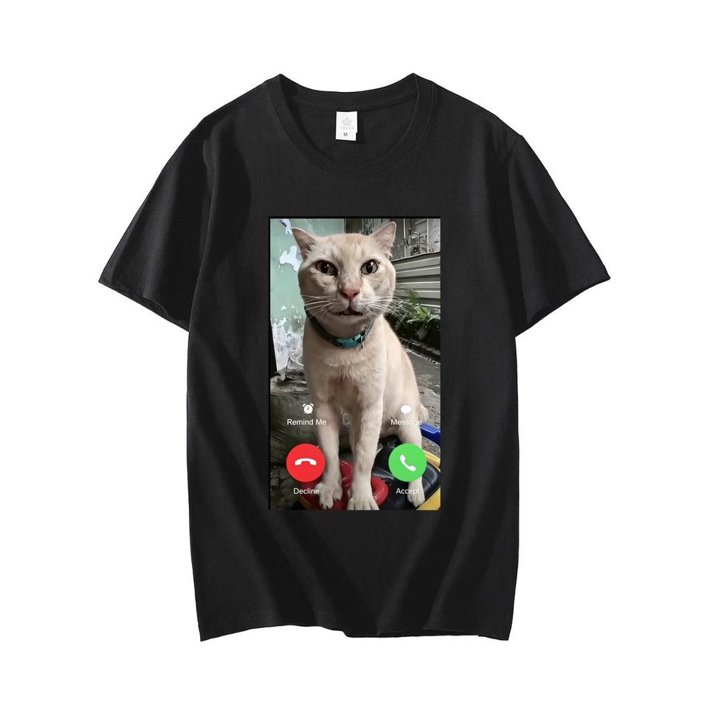 2026 Funny Incoming Call Cat Meme Print Black T Shirt Adults Kids Cotton Short Sleeve Casual Tees Tops