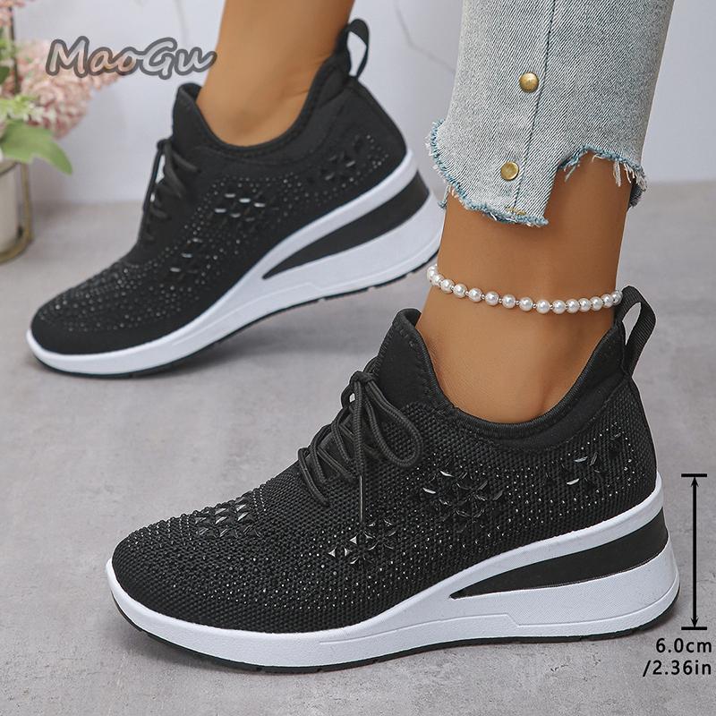 Damen Glitzernde Strass Keil Turnschuhe Atmungsaktives Strick Rutschfeste Laufschuhe Damenmode Dicke Sohle Weiße Turnschuhe Größe36 43