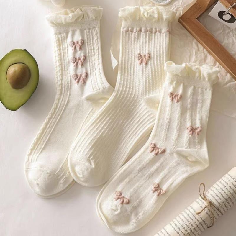 Chaussettes blanches simples, polyvalentes, jolies, nœuds papillon, petites fleurs, chaussettes tube moyennes pour femmes, Kawaii Harajuku Jk Lolita, chaussettes en coton pour filles