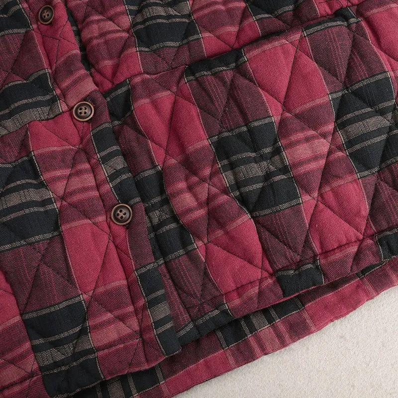 Women's Autumn and Winter Plus Cotton Warm Hooded Cotton-Jacket - Casual Plaid Loose Single-Breasted Coat