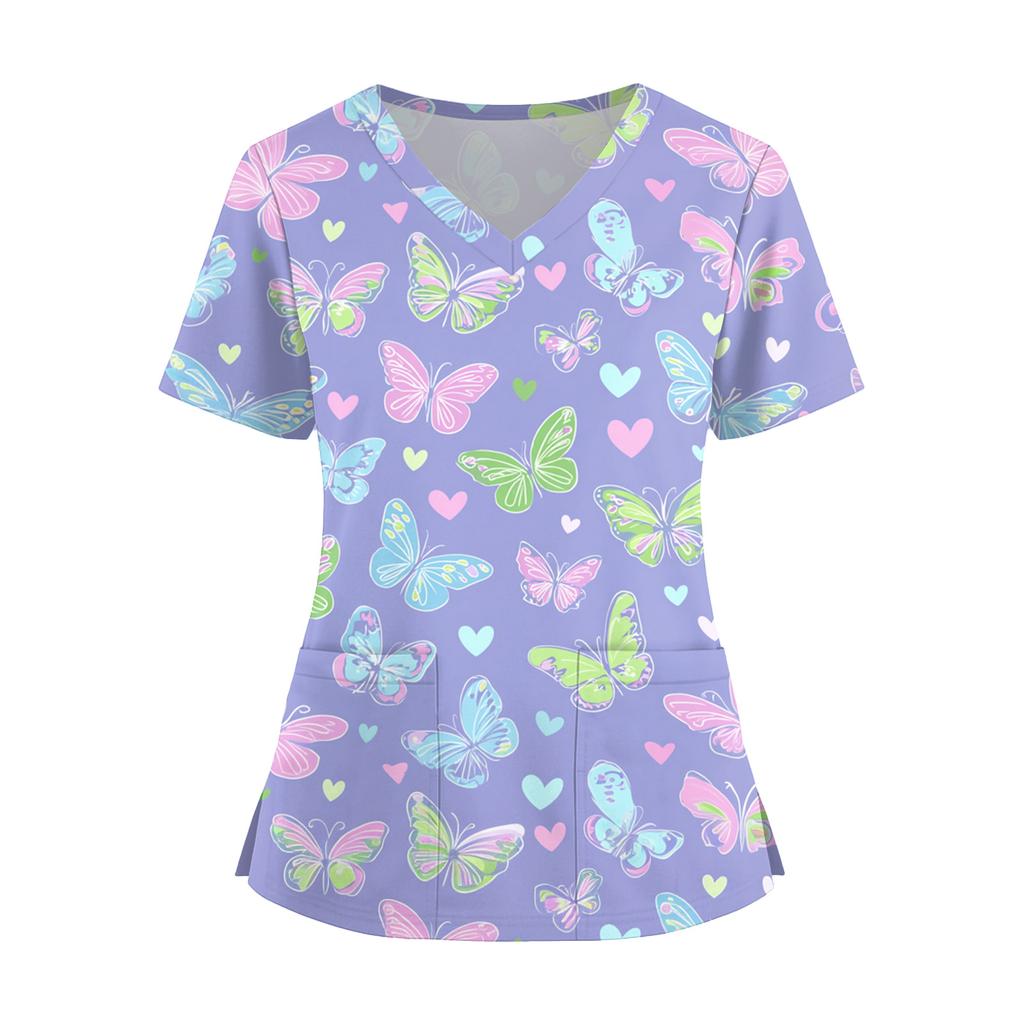 Women's Fashion V-Neck Short Sleeve Overalls With Pockets  Print Tops  Clothes