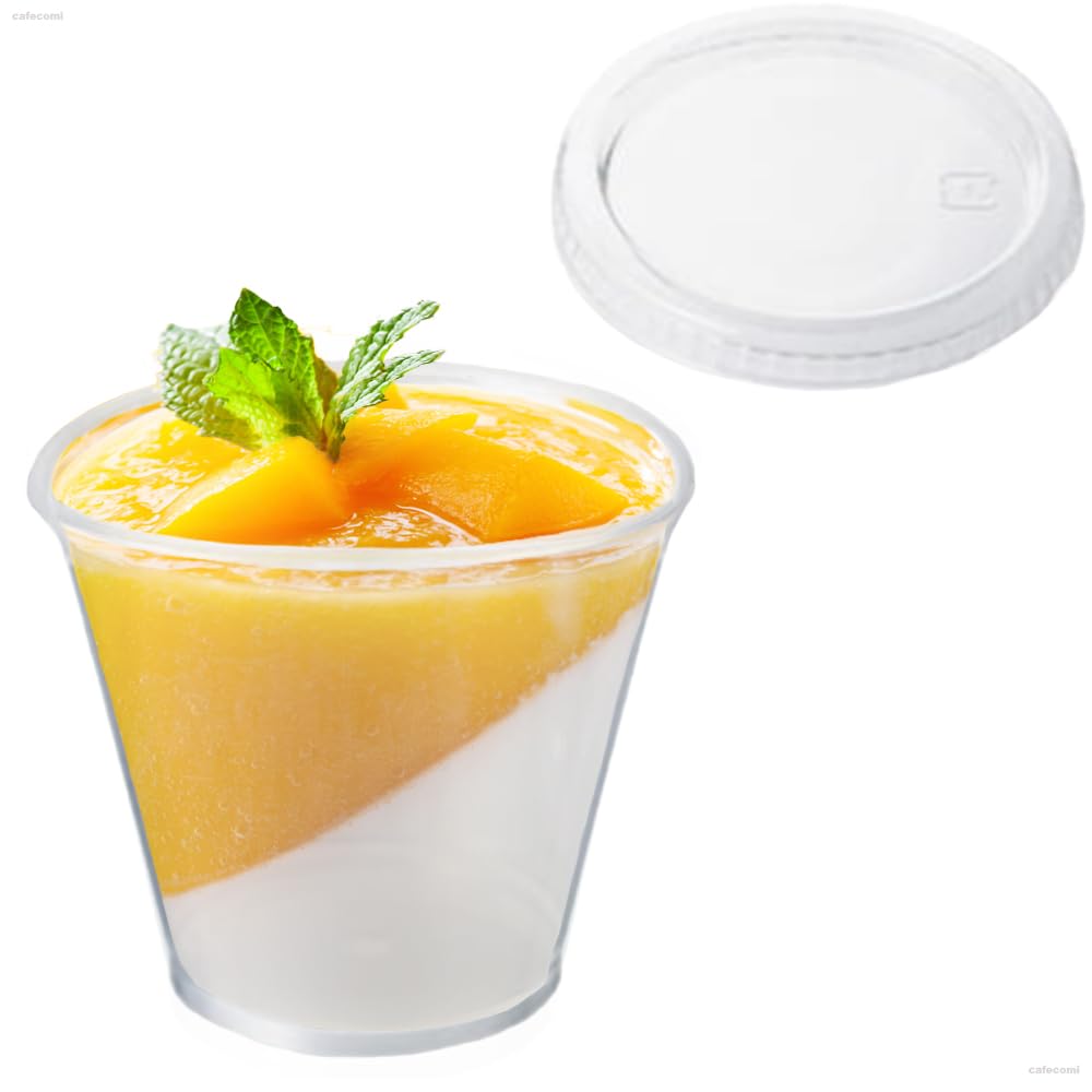 [Set of 50] Cafecomi Dessert Cups, Milky White, 110ml with Flat Lids
