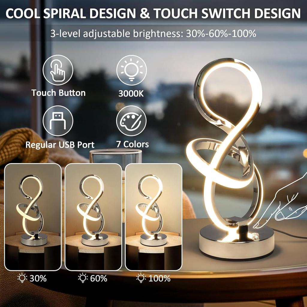Modern Spiral Table Lamp, 7 Colors 10 Light Modes LED Nightstand Small Lamp with USB C+A Ports, Touch Dimmable Lamps for Living Room Bedroom Bedside,