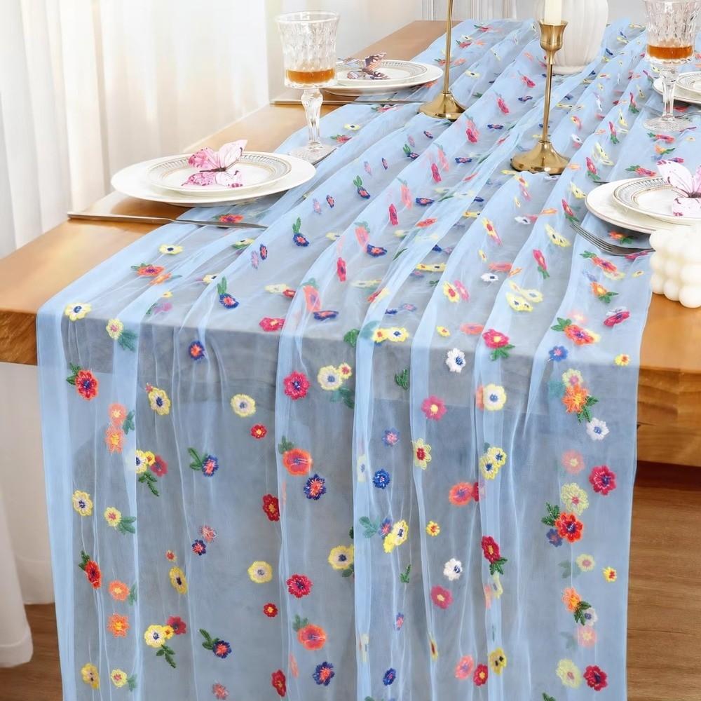 Embroidery Daisy Lace Tulle Runner Rustic Style Table Decor Cloth Table Runner  for Bridal Shower