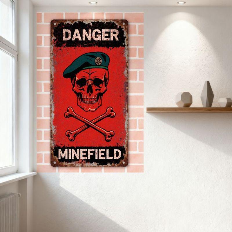 Vintage Military Minefield Warning Metal Tin Sign with Skull & Crossbones, Distressed Rusty Edge Red Black Background, Retro Wal