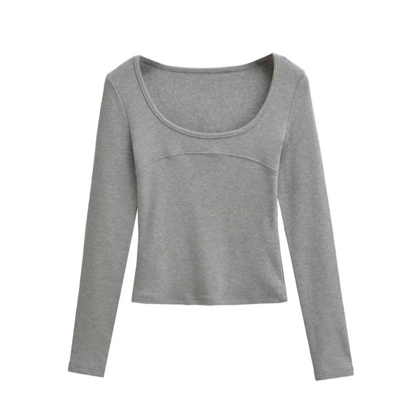 Traceless fixed cup primer top women's spring new slim and thin outer wear fitness warm long-sleeved T-shirt