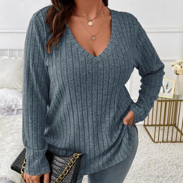 

Женская мода, повседневная однотонная футболка с принтом, осень-зима, свободная матовая футболка с длинным рукавом и v-образным вырезом, свитера в полоску 4XL серо голубой