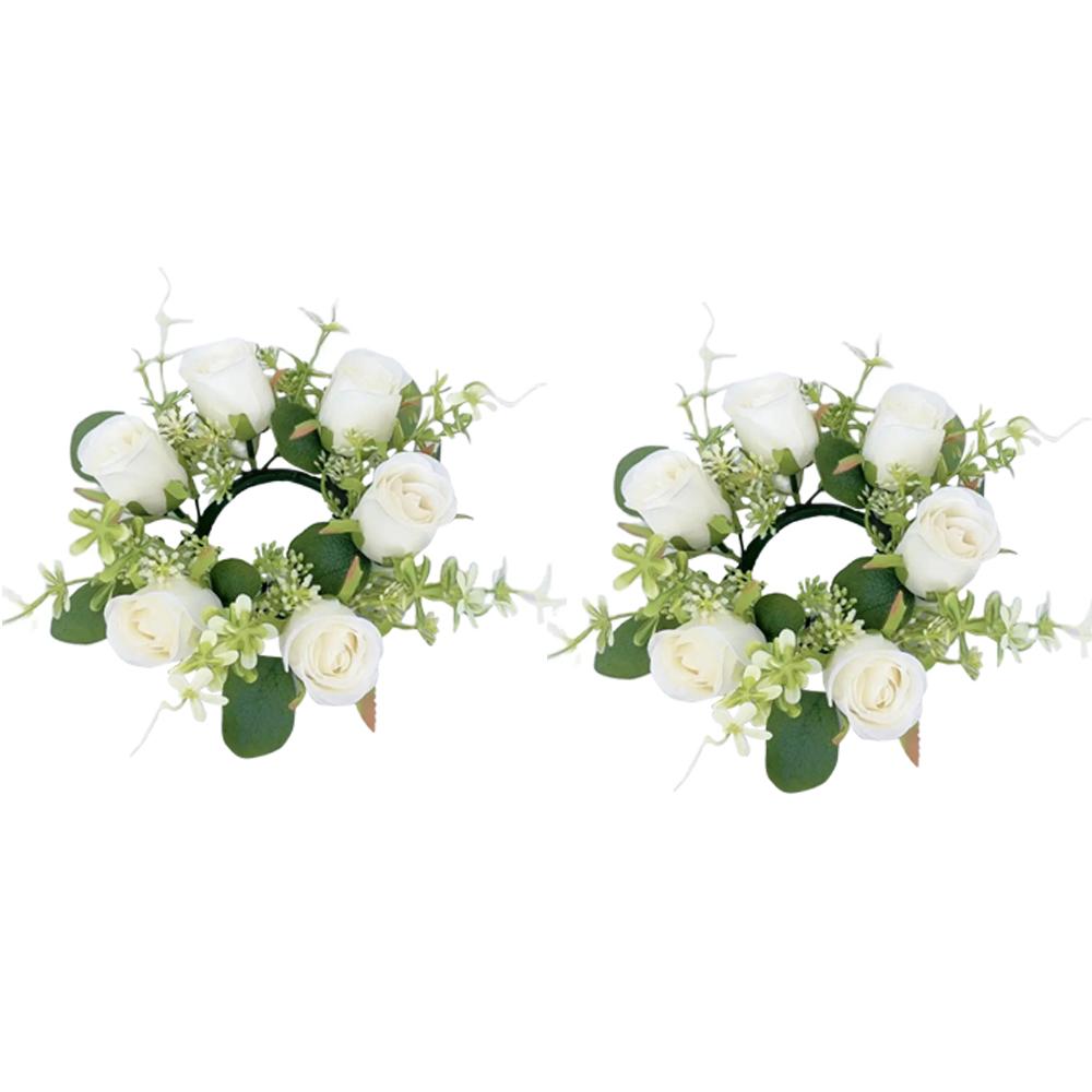 2pcs Artificial Garland with Candlestick Centerpieces, Rose Candle Wreath, Tea Light Candle Holders, Artificial Plant Wreath