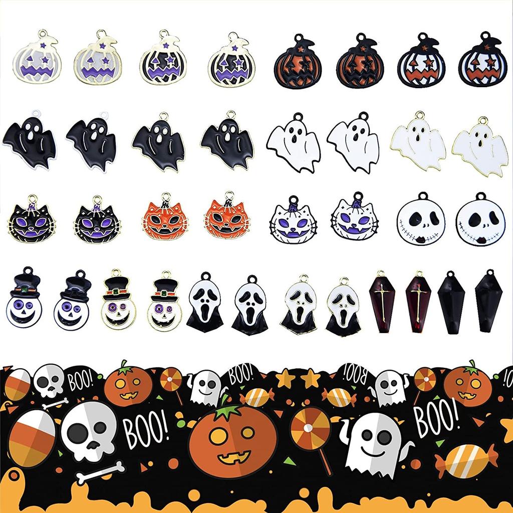 2 Pçs Pingentes de Encantos de Halloween Sortidos Banhado a Ouro Preto Esmalte Abóbora Fantasma Palhaço Mago Chapéu Encantos de Halloween para Jóias