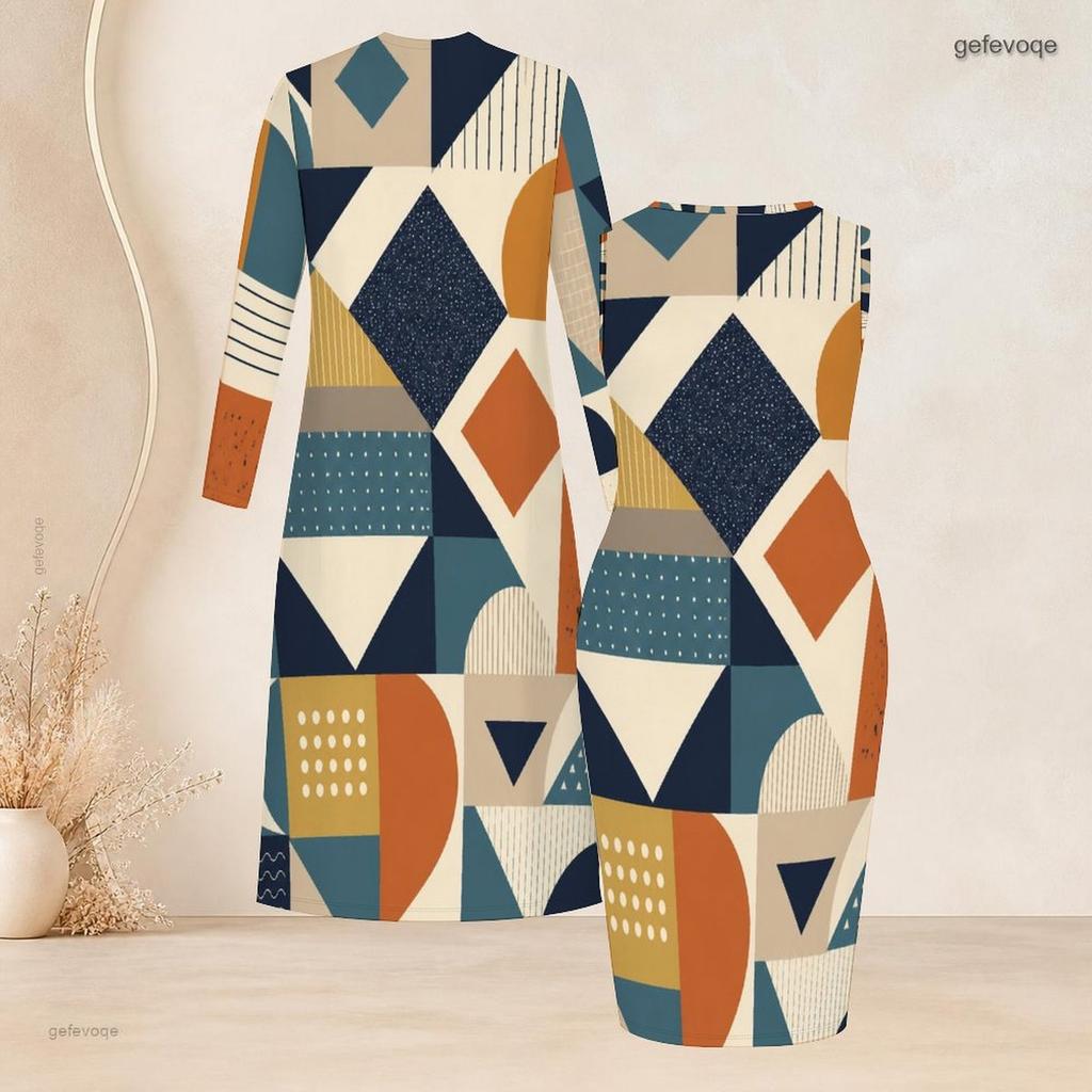 Women Plus Size Geometric Printed Two Piece Set Long Sleeve Open Front Cardigan Sleeveless Bodycon Dress