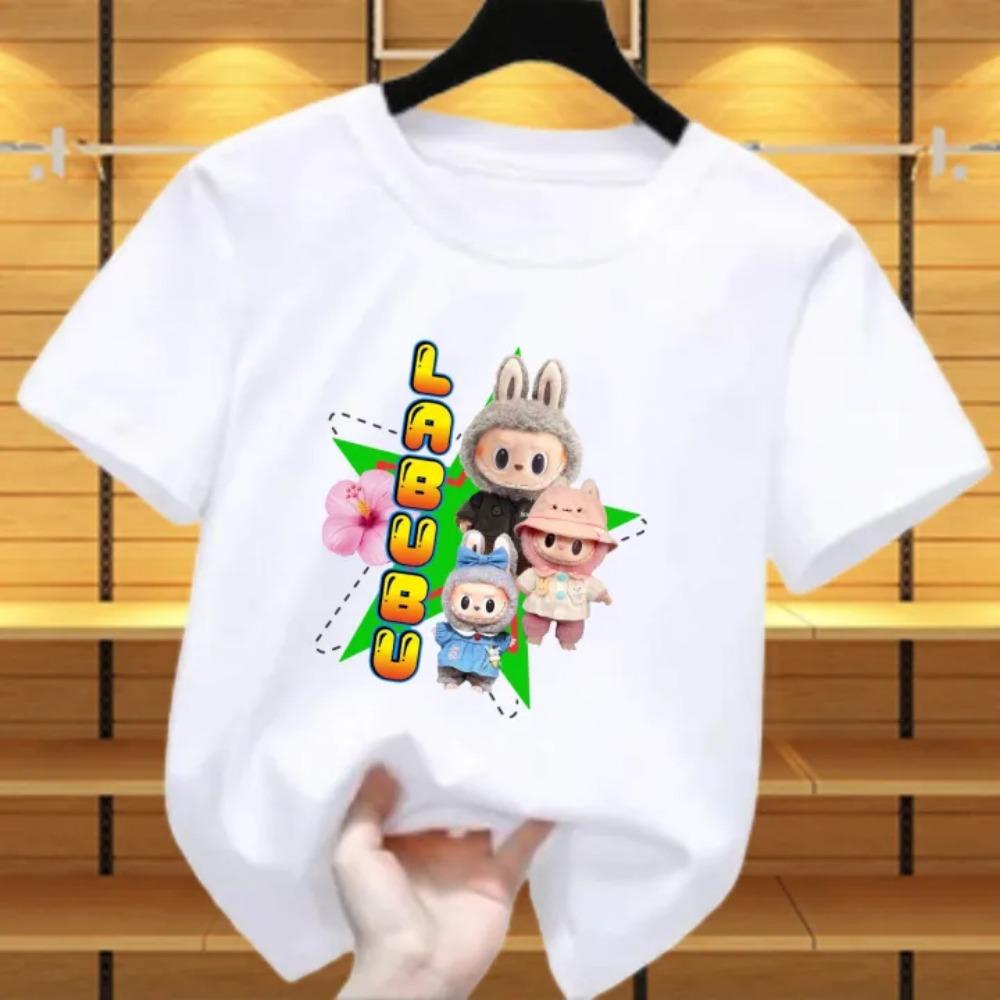 New Labubu Children's T-shirt Scarf LABUBU and Flower Pattern Girl Round Neck Short Sleeve Casual Versatile Clothing