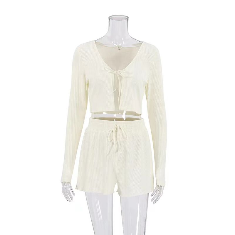 Fashion Sunken Stripe Knotted Short Tops Shorts Suit Homewear Lace up Top and Shorts Set