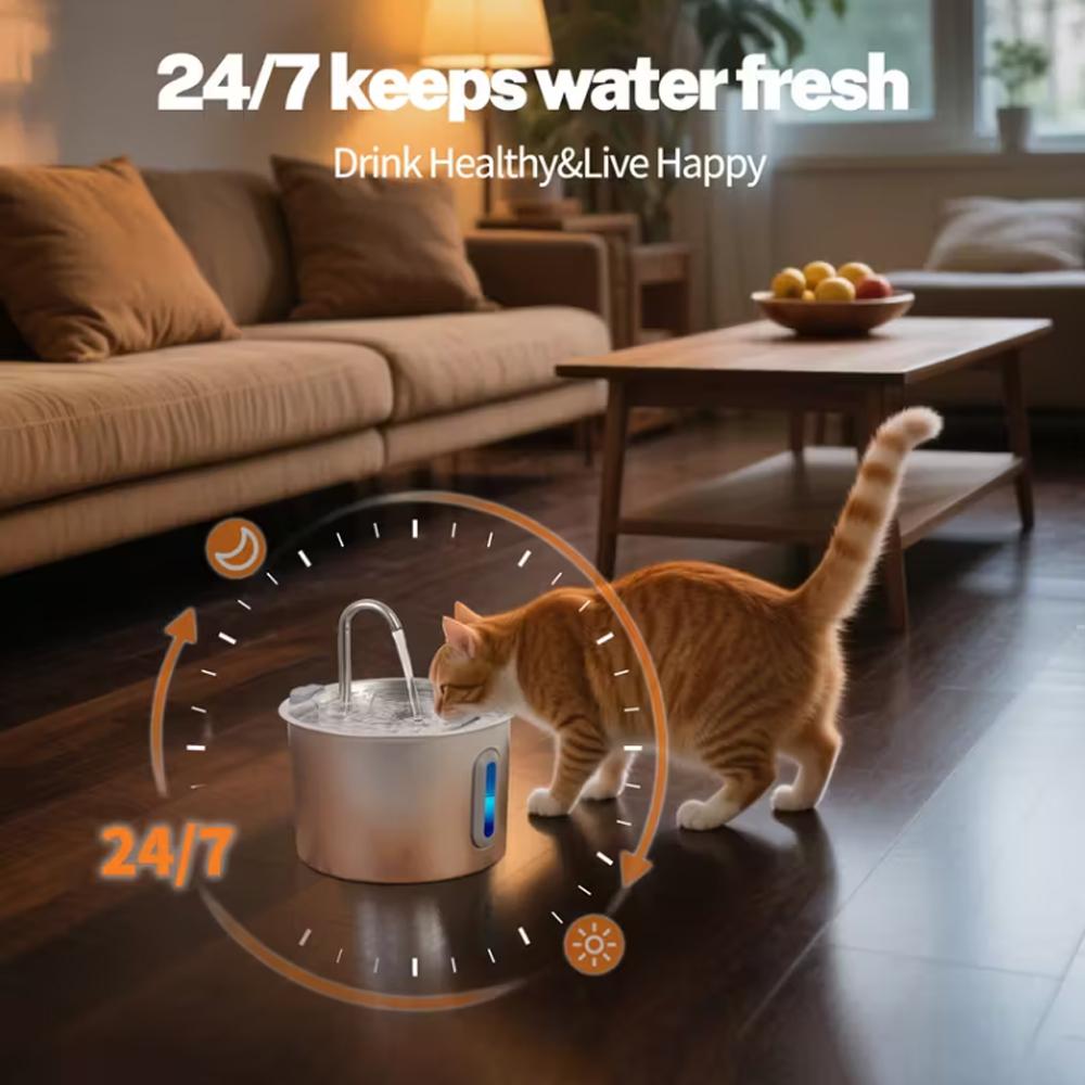 2.2L Cat Water Fountain 304 Stainless Steel Pet Water Dispenser, Cat and Dog Drinking Bowl with Visual Water Level Window