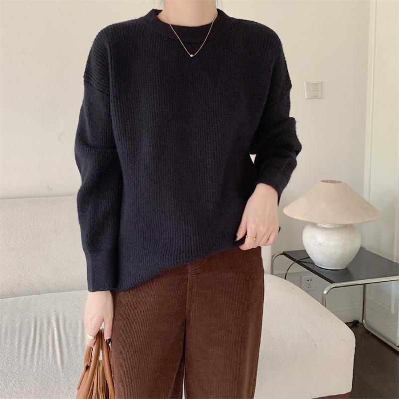 Hirsionsan Pulover tricotat cu mânecă lungă, ocazional, cu bază solidă, moale, pentru femei, cu gâtul în formă de O, pulover elegant, la modă, toamnă iarnă