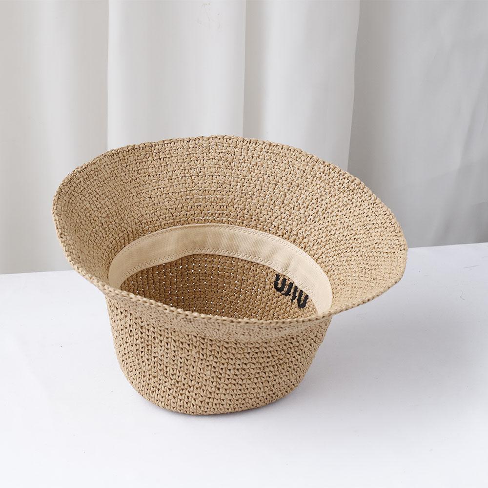 Handmade Letter Embroidery Sun Hat Wide Brim Floppy Summer Straw Panama Dome Bucket Hat for Women Beach