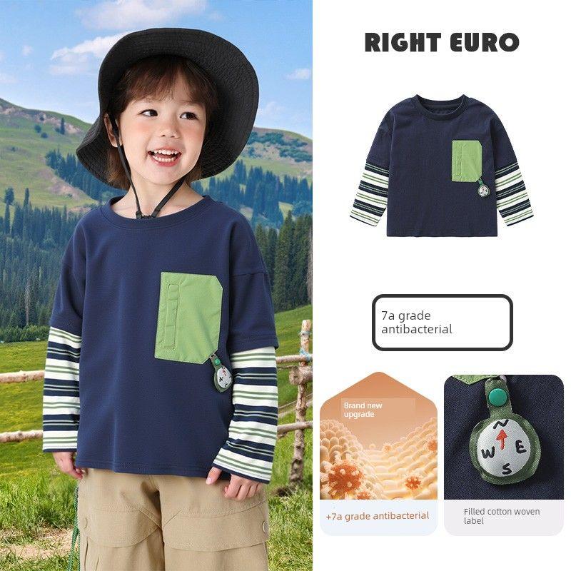 Right European Style Boys  Color-Blocked Raglan Sleeve Long-Sleeve T-Shirt 2026 Spring and Autumn New Children s Toddler Clothing Spring and Autumn Navy blue 100