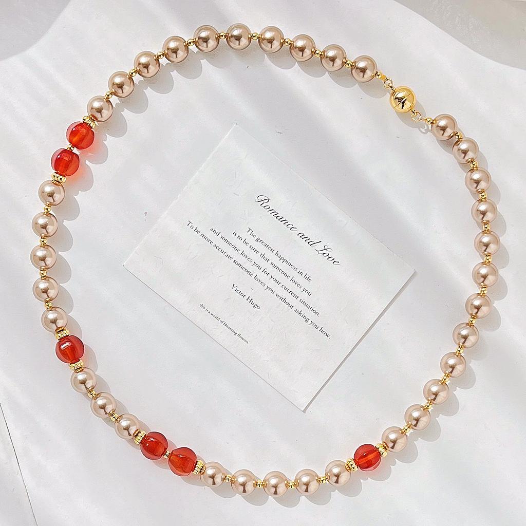 High Quality Maillard Brown Artificial Crystal Pearl Natural Agate Necklace Neck Chain Sweater Chain Women