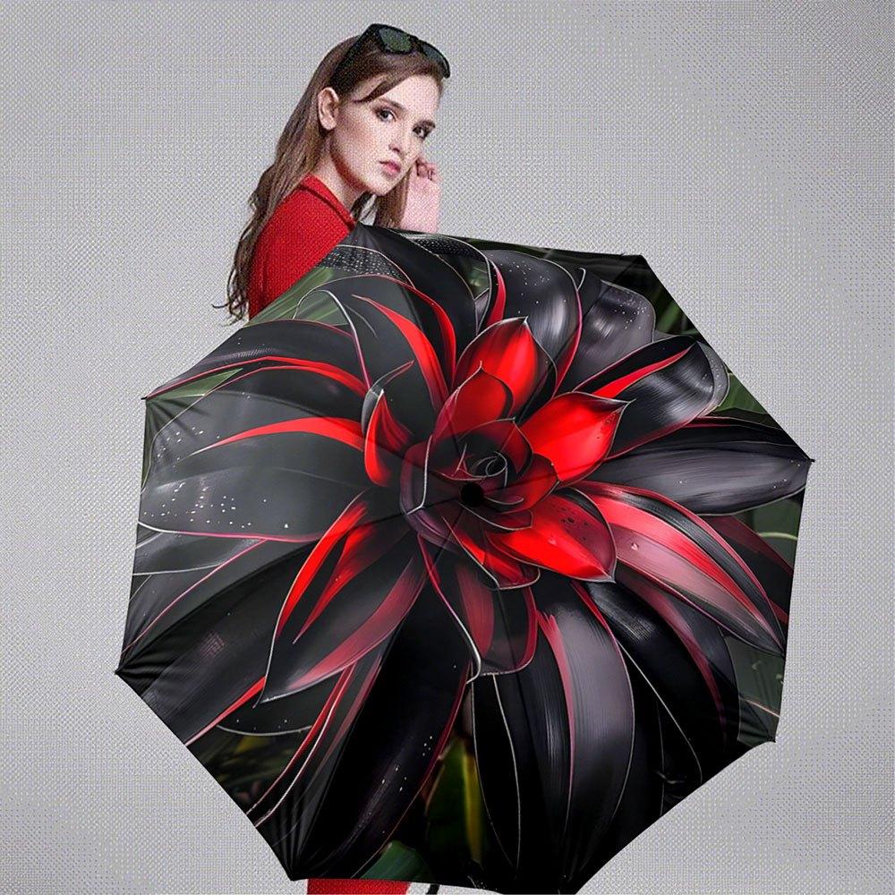 Automatic Folding Umbrella with Red & Black Calla Lily Flower Pattern - Self-Opening/ Closing, 8-Rib Compact Portable Collapsi