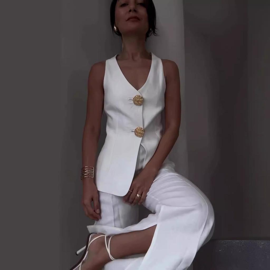 Summer European American Sleeveless Slim Fit Vest Temperament Commuter Pants Suit