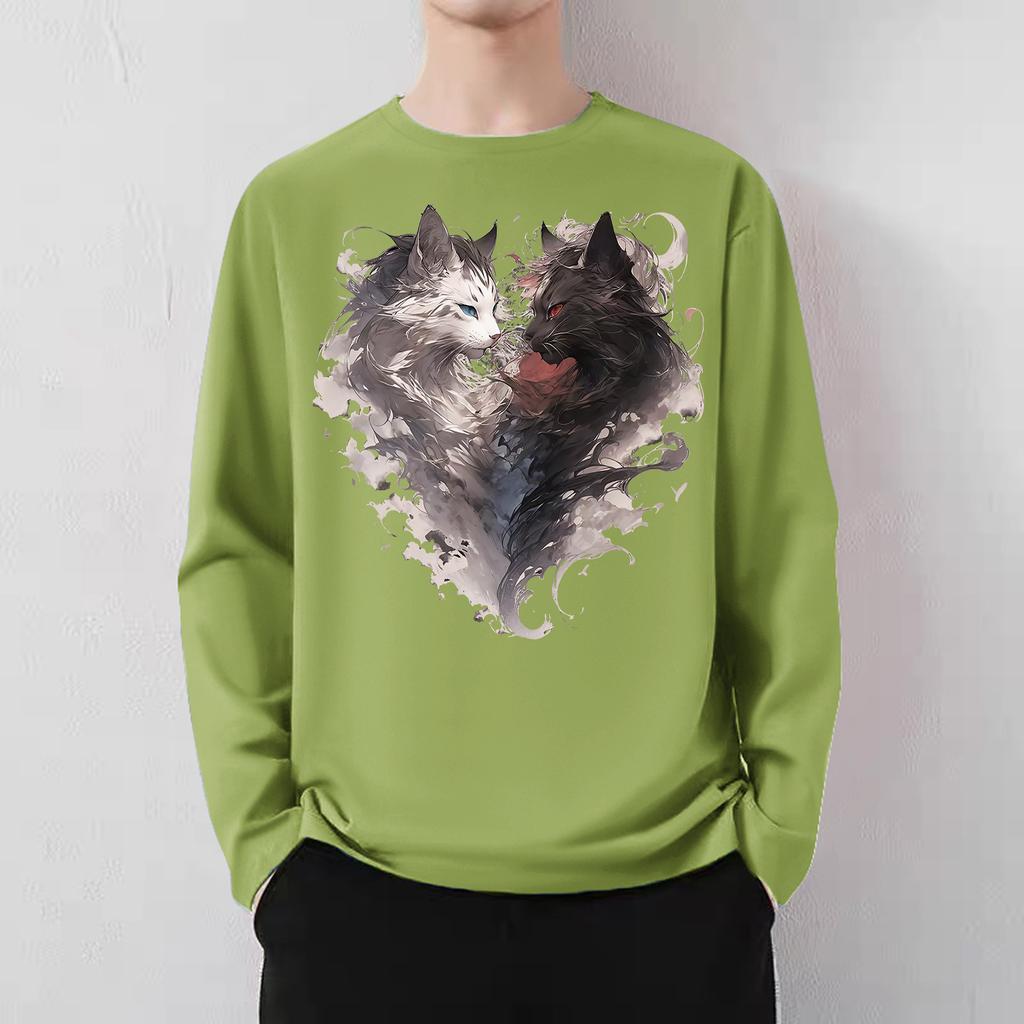 Japanese high street smoke cat print men and women 2024 spring and autumn loose American lazy chic couple crew neck t-shirt