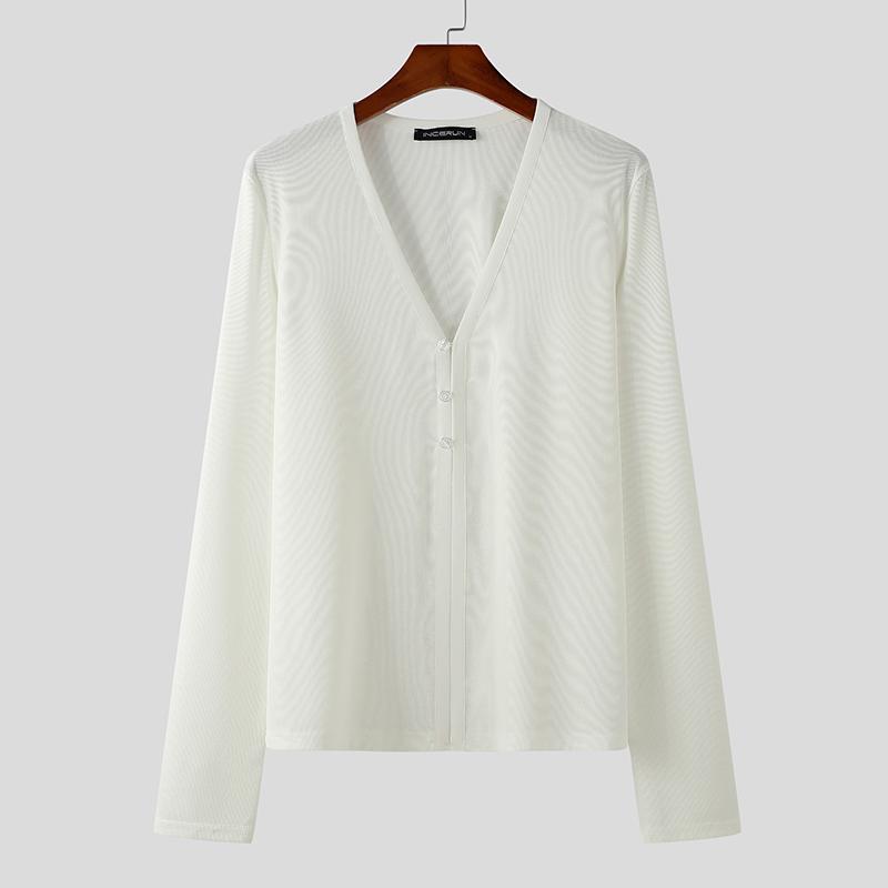 INCERUN Men V Neck Long Sleeve Buttons Rib Casual Fitted Tops T-shirts Undershirts