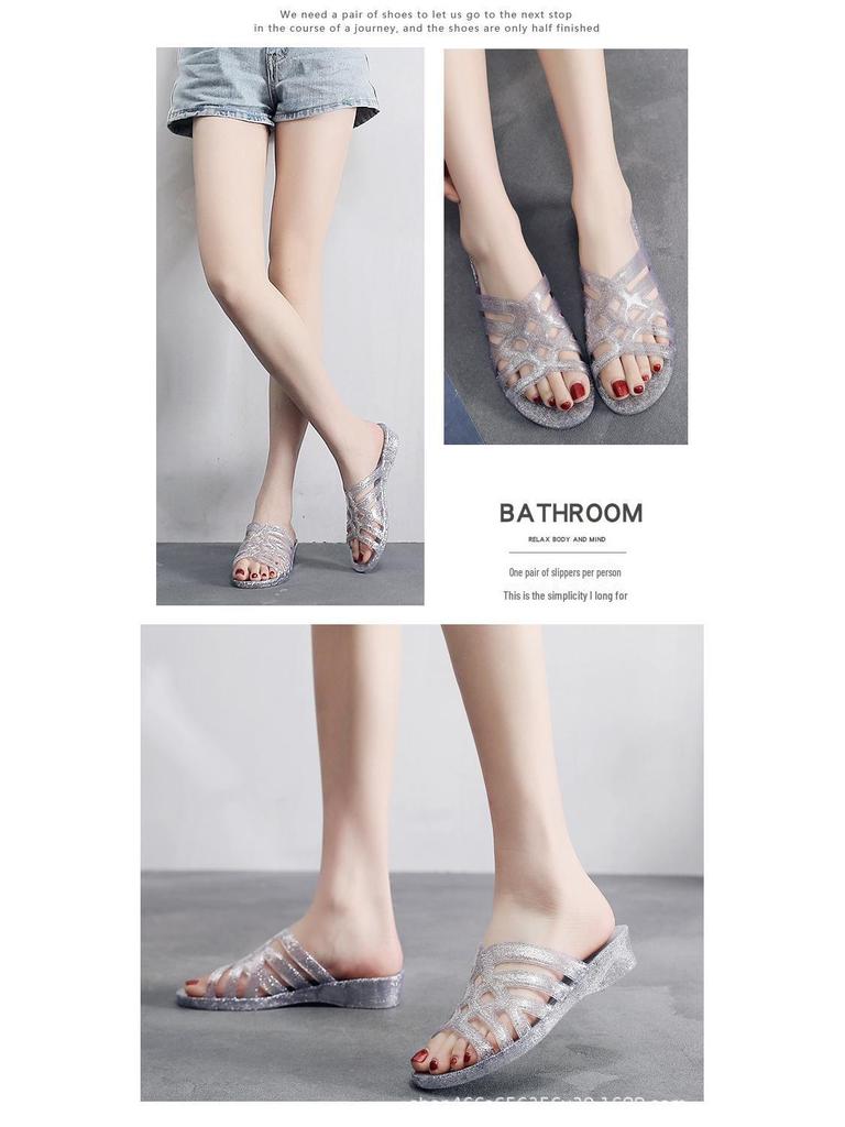 Women's Fashion Crystal Wedge Sandals: Summer Non-slip Hollow Bath Flip Flops