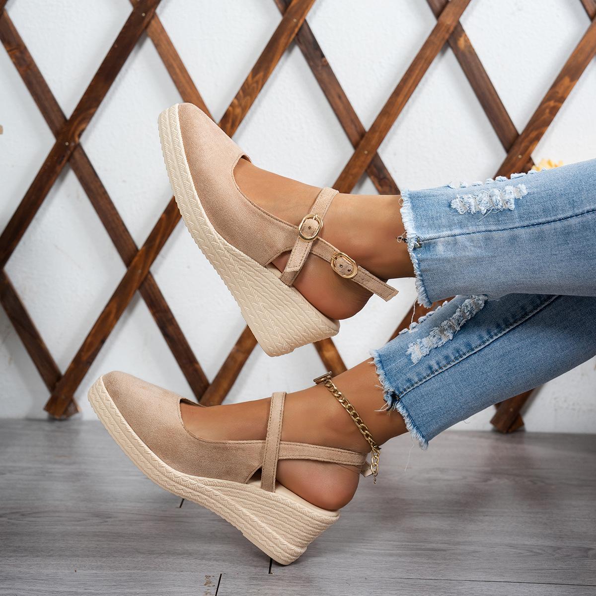 

Wedge heel sandals women s spring and autumn new suede high heels pointed straps waterproof platform thick-soled straw women s shoes princess shoes 36