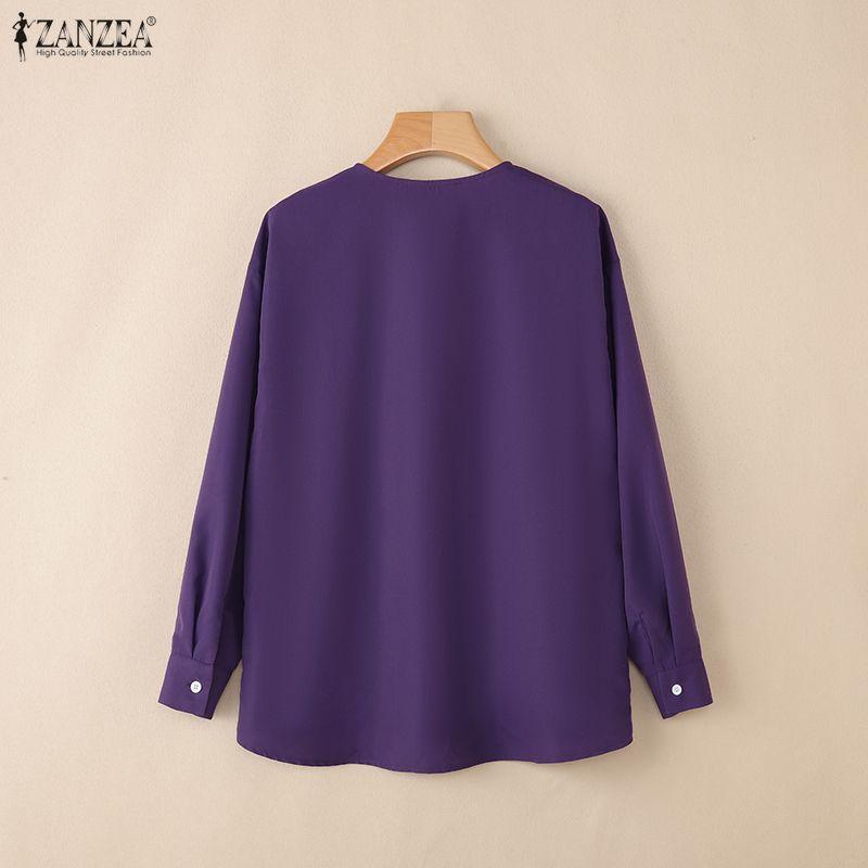 ZANZEA Women Casual Round Neck Loose Long Sleeve Button Blouse