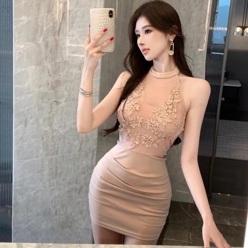 Summer Women s Halter Neck Lace Patchwork Mini Dress Slim Fit Sheer Mesh Bodycon Party Clubwear S розовый