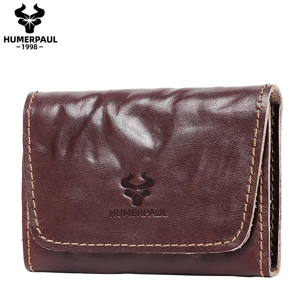 HUMERPAUL Ladies wallet first layer cowhide solid color convenient retro style short coin purse credit card storage leather solid color card case