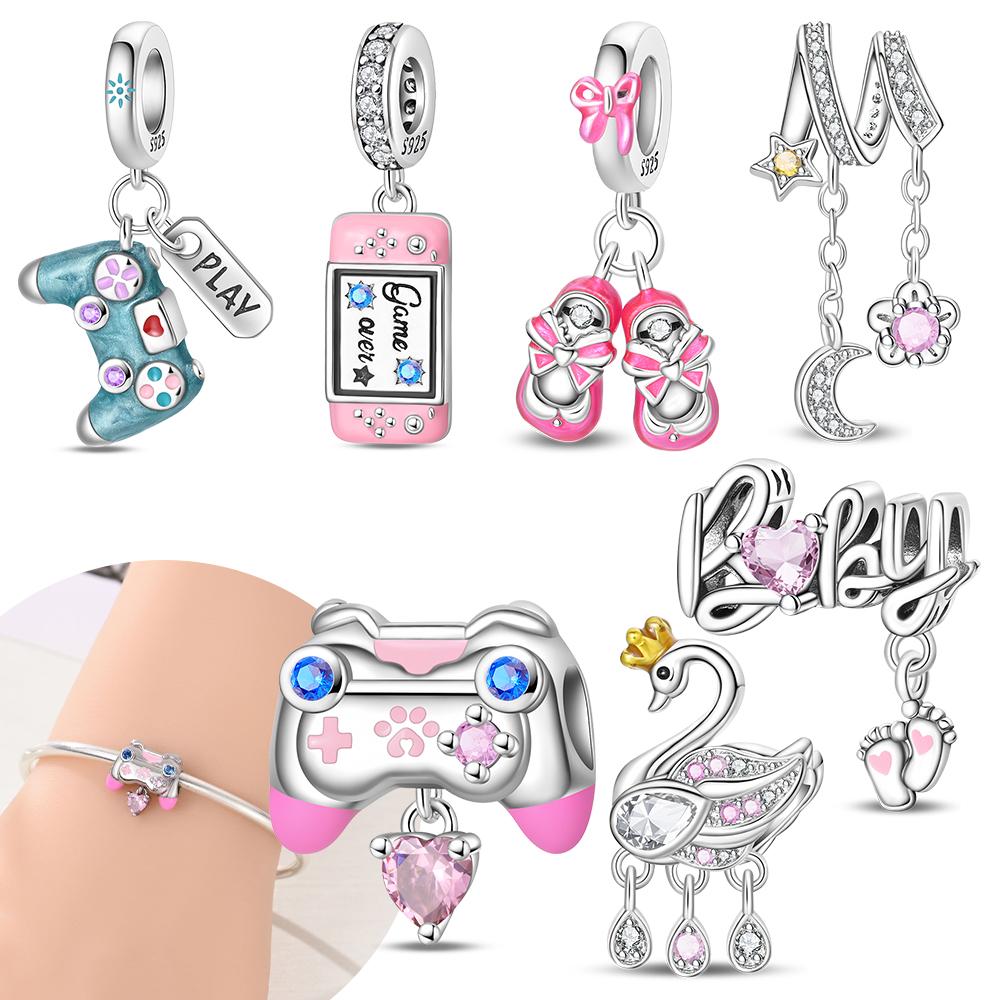 Authentic Pink Shoes Game Console Swan Pendant Moon Baby Bead Charms Compatible With Bracelets Women copper Childrens Day Gift Set Jewellery