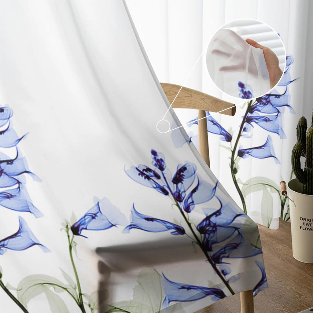 3D Flower Blue Flower Sheer Curtains for Living Room Bedroom Kids Room Tulle Window Treatment Drapes