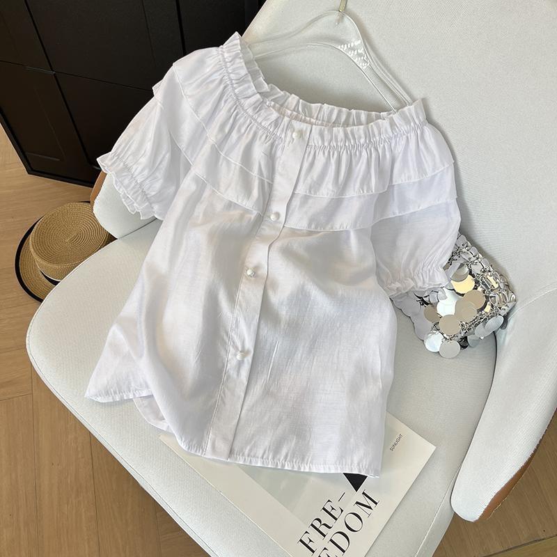 

Summer shirt women s 2025 new loose and chic belly cover French ruffle edge off-shoulder short-sleeved one-word shoulder top M ([Recommended below 50kg]) білий
