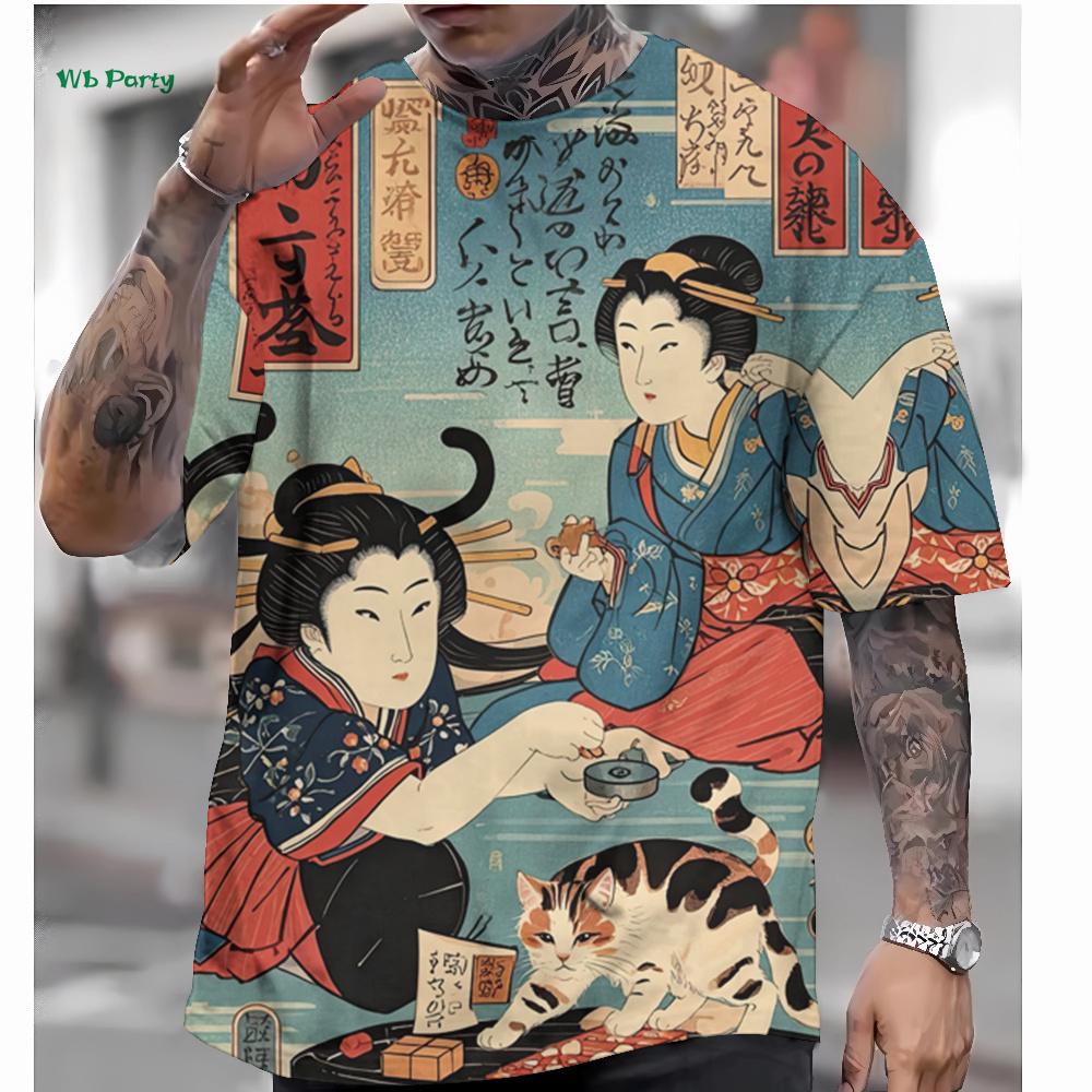 Japanese Style Men's T-Shirt 3D Ukiyo-E Pattern Short Sleeve T-Shirt Oversized Casual Tops Summer Men's Outdoor Casual Clothing