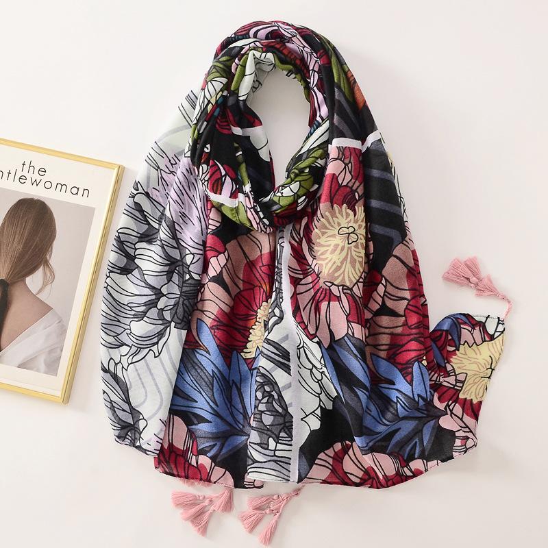 Beige Coffee Scarf Luxury Thin Womens Scarves Spring Floral Hijab Veils Soft Cotton Shawl Wrap Tassel Viscose Muslim Woman Hijab