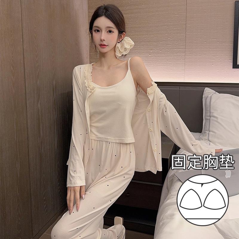 [D] Autumn new product small strip Modal three-piece pajamas women s thin drape spot M
