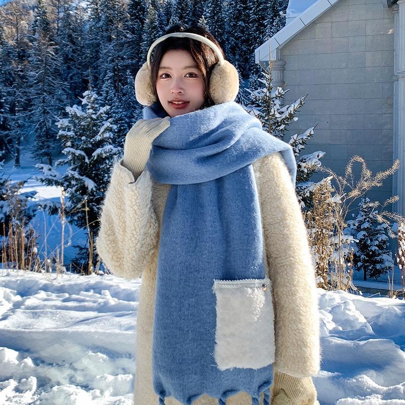 Fixed Dyeing Haze Blue~ Premium Hair Sensing Pocket Scarf Women's Winter Wool Shawl Thickened Plush Scarf
