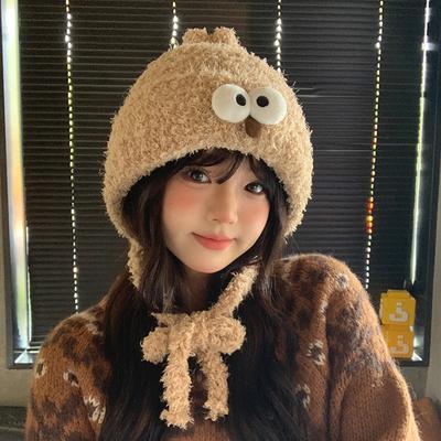 Süßer Gehörschutzhut für Damen im Herbst und Winter Cartoon Große Augen Warmer Strickhut Vielseitig Lässig Gesichtsabdeckung Kleiner Gehörschutz Wollhut