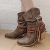 Mode Retro Cowgirl Quasten Flacher Absatz Damen Westernstiefel Vintage Patchwork Bequeme Walking Stiefeletten Stilvoll Lässig Nagelneu Gewaschene Schuhe