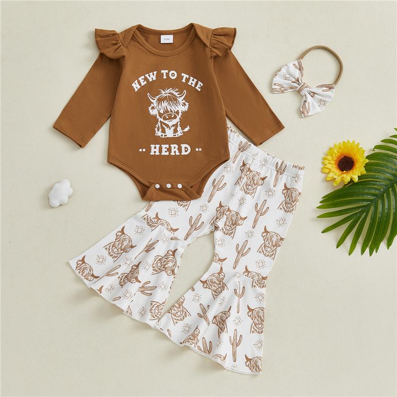 Children Clothing Yulin-001 Unisex Infant Newborn Baby Girl Fall Outfit Highland Cow Print Long Sleeve Romper Flared Pants And Bow Headband 3 Pcs Set Cm