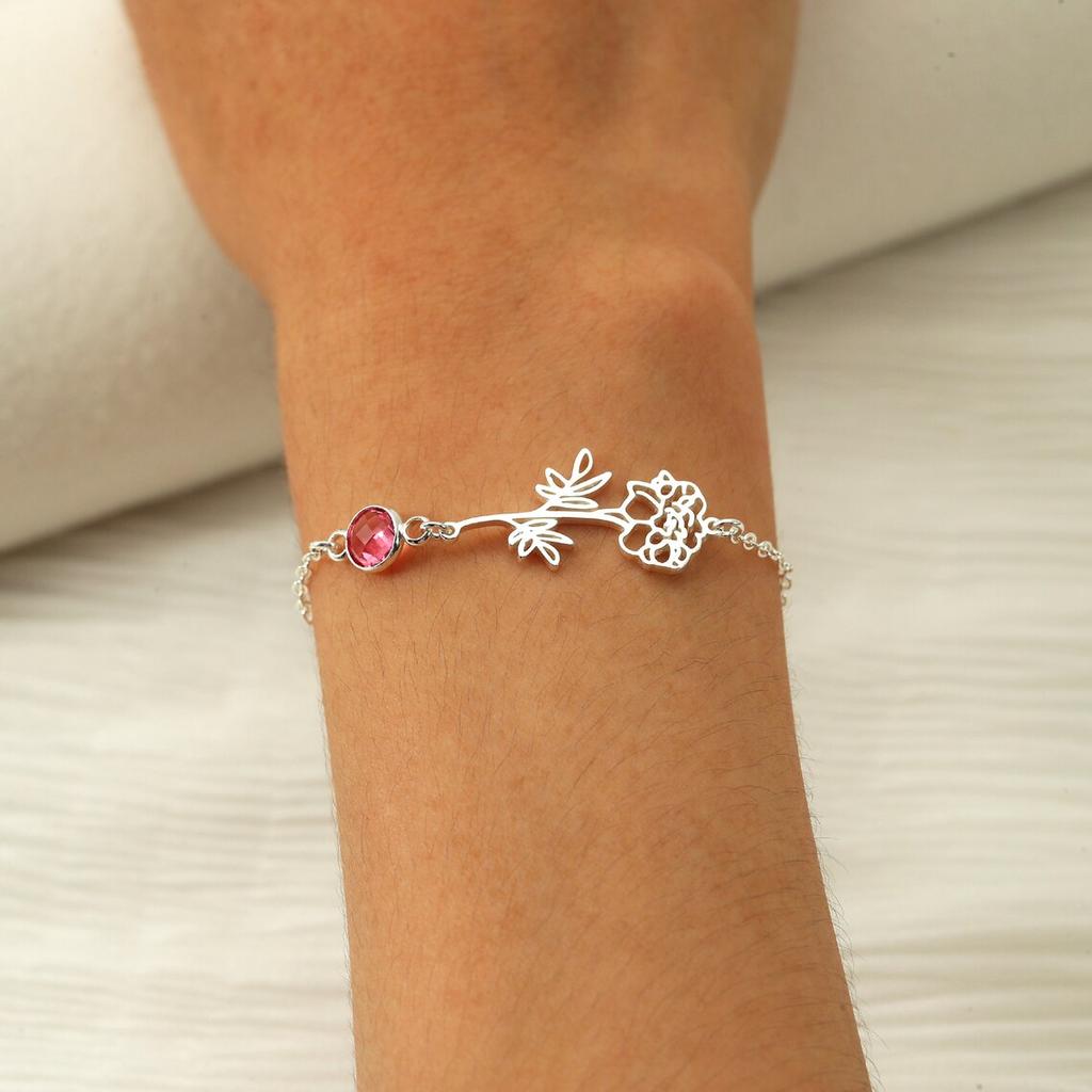 Personalized Birthstone Bracelet Custom Birth Flower Bracelets Dainty Birth Flower Charm for Women,Gifts for Her,Mothers Day